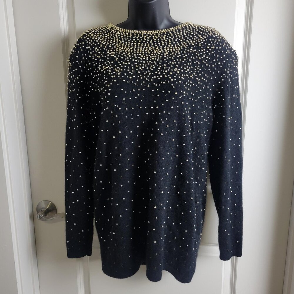VTG Sweater Jumper Size Large Black Gold Beaded Embellished Lambswool Angora